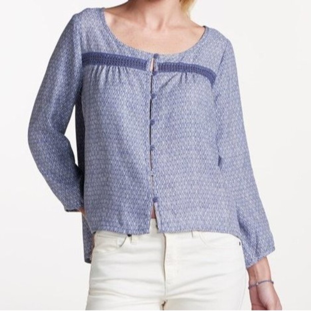 Toad & Co Windsong Tencel Peasant Top Blueberry Diamond UPF 30 3/4 Sleeve S